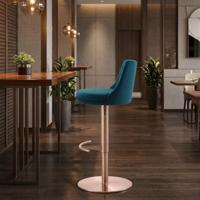 Chaise de bar pivotante à dossier bas réglable en hauteur, en velours bleu et or rose et acier