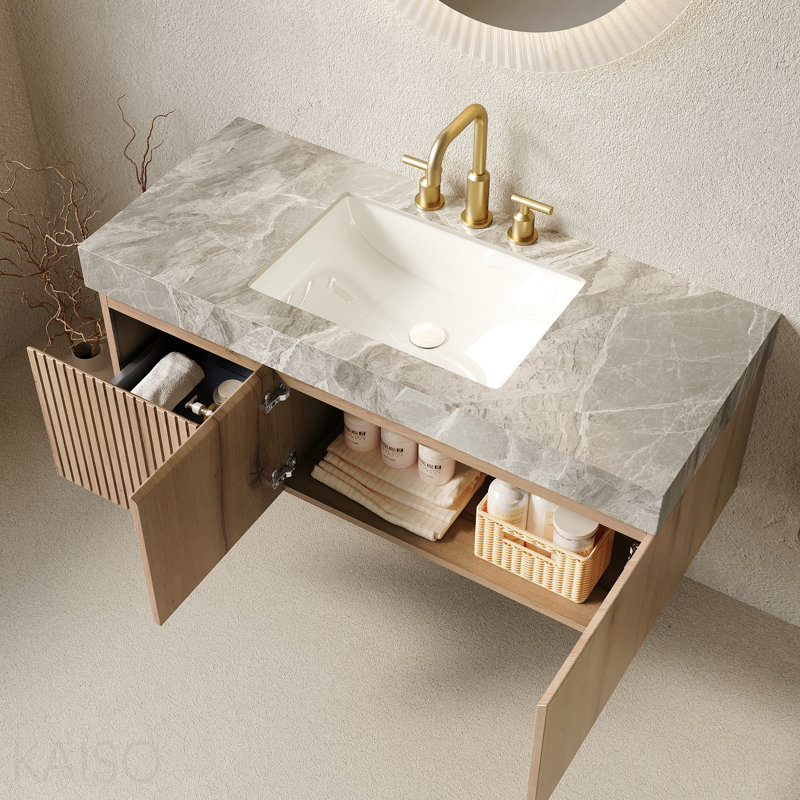 48" Bathroom Vanity&Sink, Floating Plywood Storage Cabinet With Drawer&Doors, Light Gray Sintered Stone Top&Ceramic Basin With 3 Pre-Drilled Faucet Holes, Pre-Assembled, White Oak Woodgrain Color