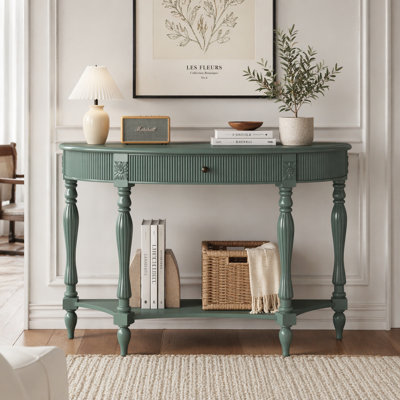 Console demi-lune en bois massif courbé cannelé avec tiroir et tablette pour couloir, salon et vestibule