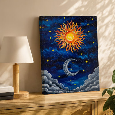 Canvas A Whimsical Celestial Scene Featuring A Vibrant Sun With Intricate Wall Art Rays In Warm Hues Of Orange And Yellow At The Canvas Wall Art