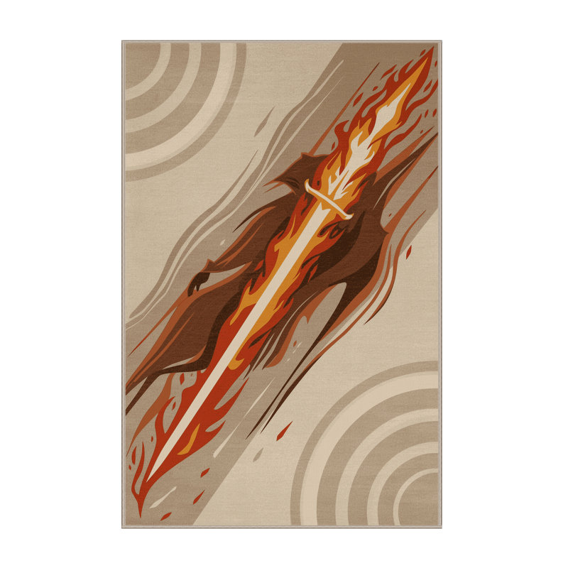 Soft Plush Dunmire Fire Sword Warrior Bold & Eclectic Modern Arc Area Rug in Beige – Beige Binding, 4x6