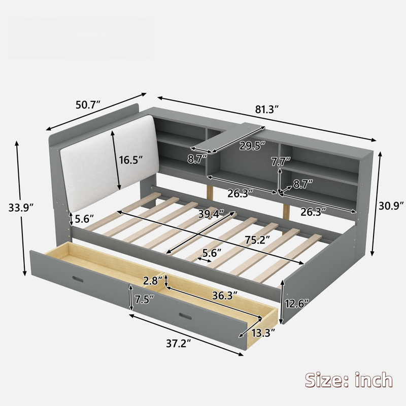 Preslei With Upholstered And Storage Headboard, Rotatable Board, Storage Shelves And 2 Drawers, Grey