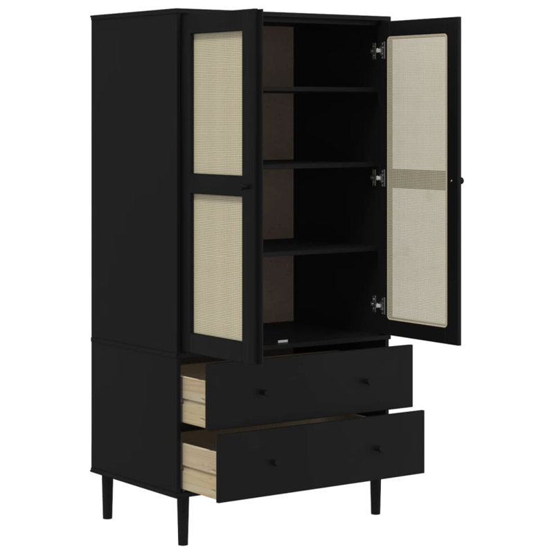 Nahyla Wardrobe "SENJA" Rattan Look 90x55x175 cm Solid Wood Pine, Black