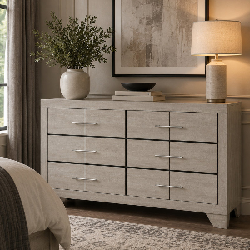 Qanto Wide Dresser With 6 Drawers, Rustic Cream Wood