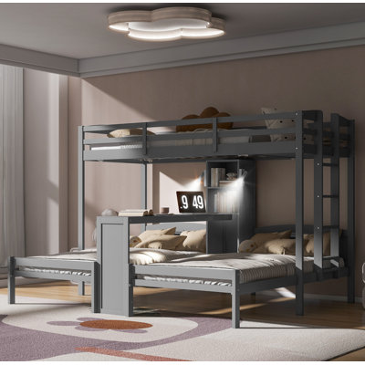 Lit superposé simple au-dessus de simple et simple avec bureau intégré et tablettes de rangement, lampe de lecture, 3 lits en 1, gris