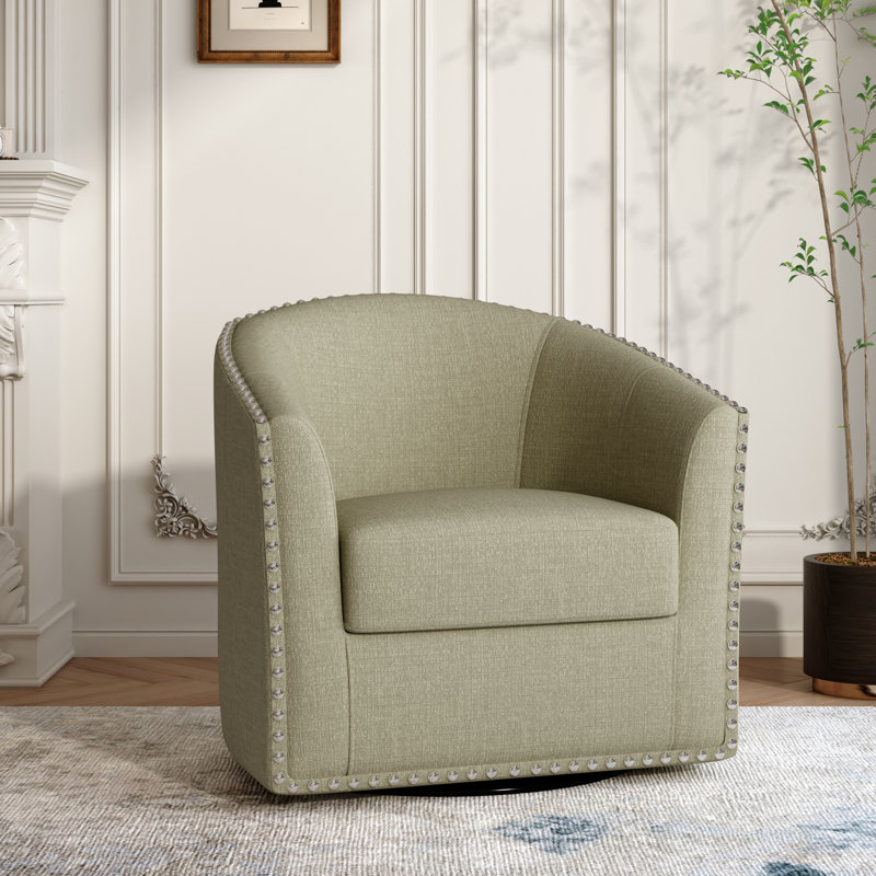 Aunna Nailhead Swivel Barrel Chair, Light Camel Polyester Blend