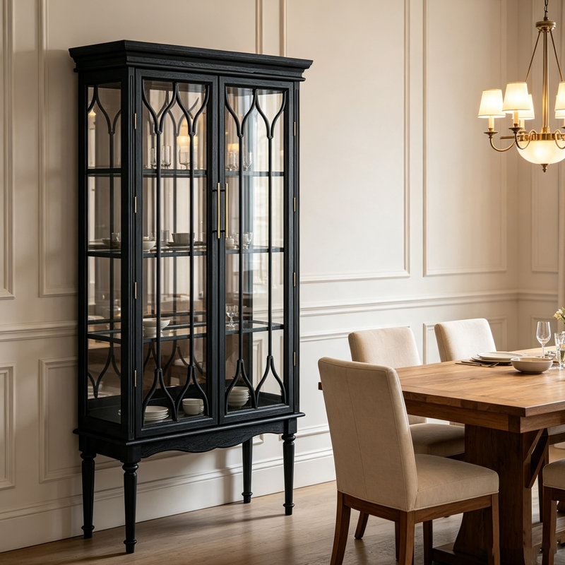 Cave à vin vitrée à double porte en bois d'hévéa noir vintage de 100 cm (39,37 po)