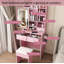 Petit bureau de coiffeuse avec miroir et lumières DEL réglables, prise de courant intégrée et rangement dissimulé, comprend tabouret et tablette rembourrés, coiffeuse pour petites chambres, rose