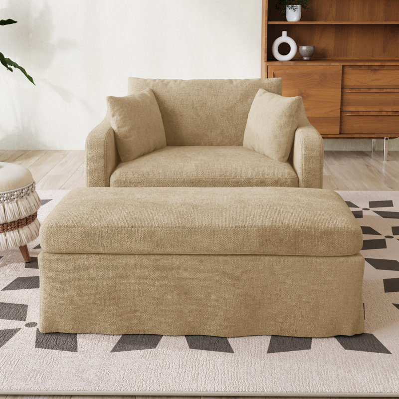 43.9" W Modern Accent Chair, Upholstered Single Sofa Chair With Pillows And Ottoman Bench, Wheat