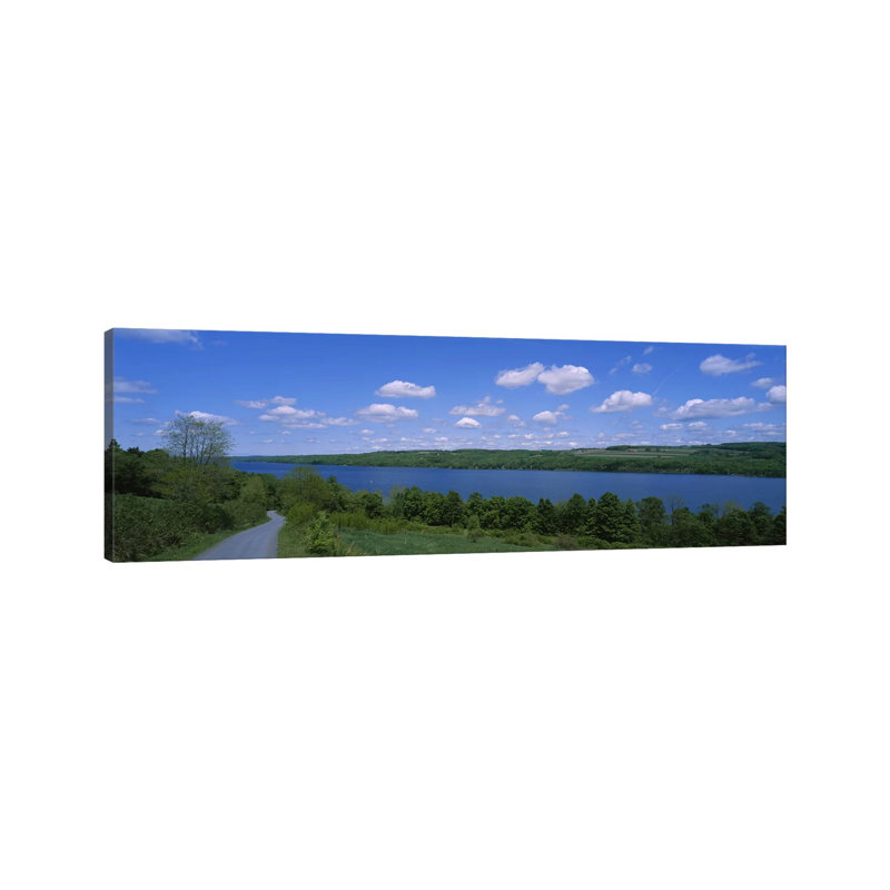 Road Near A Lake, Owasco Lake, Finger Lakes Region, New York State, USA - Wrapped Canvas Panoramic Print