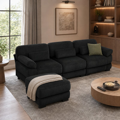 Canapé modulaire en velours côtelé à 3 places de 104 po avec dossiers réglables, accoudoirs détachables et coussins lombaires Lunvella