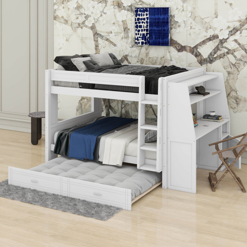 Lit superposé double pleine grandeur avec bureau et bibliothèque, lit gigogne, Blanc