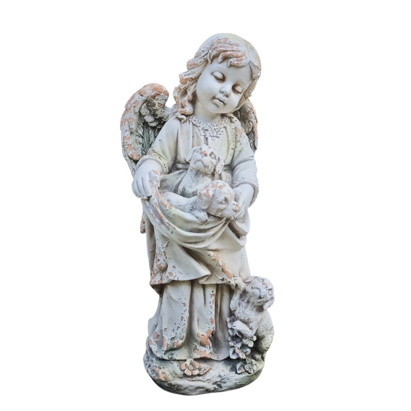 Statue de jardin « Heather » représentant un chérubin et ses chiots, d'une hauteur de 68,5 cm (27 pouces).