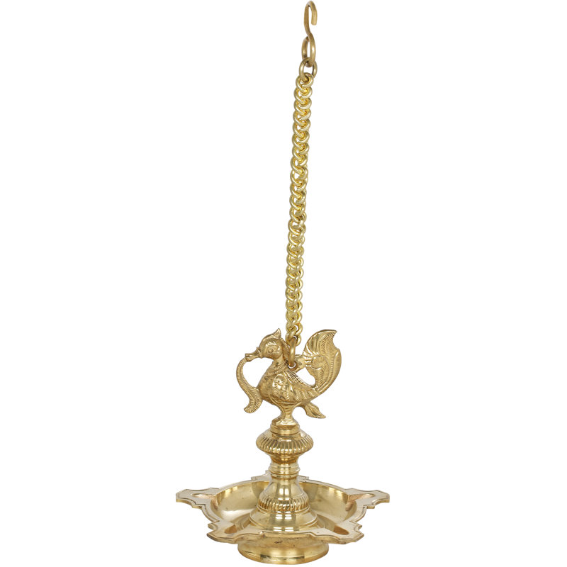7" Brass Roof Hanging Peacock Lamp – Handmade Indian Ceiling Diya for Temple, Altar, or Artistic Home Accent