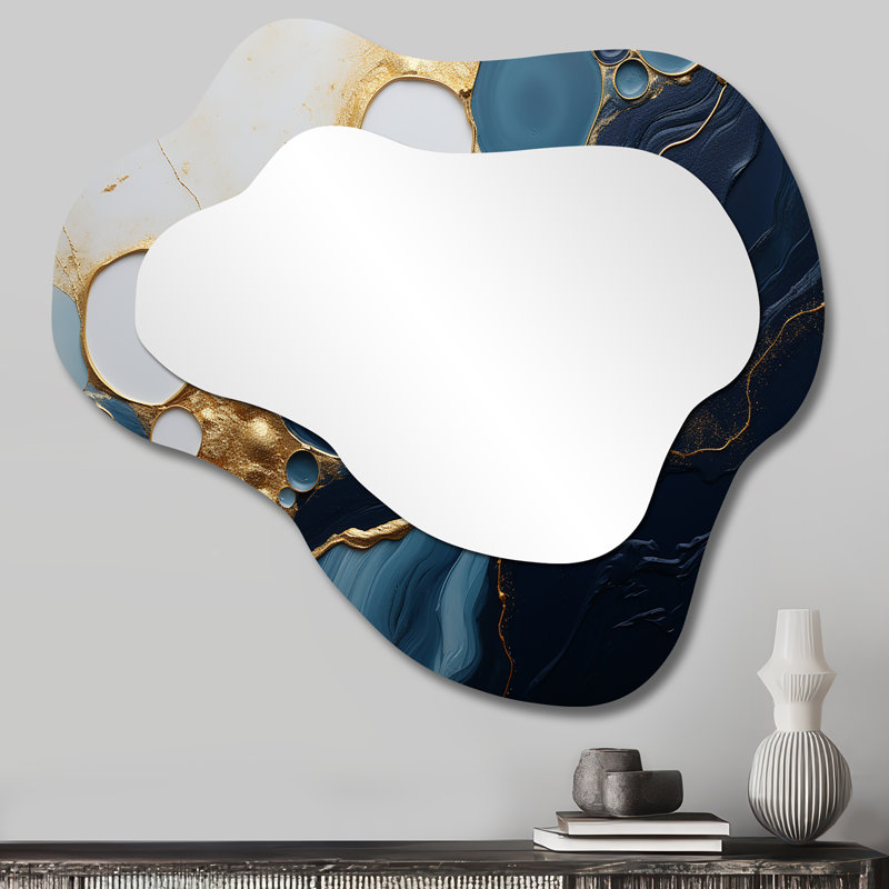 Gold and blue marble essence magic I - Marble Asymmetrical Wall Mirror, Gold Cloud Decorative Mirror, Printed Metal Art