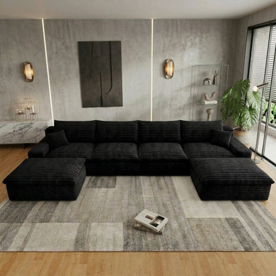 Modern Corduroy U-Shape Modular Sectional Sofa, 134.5" Cloud Couch 4-Seater Boneless Sofa with Ottoman, Deep Seat, No Assembly Required, Black
