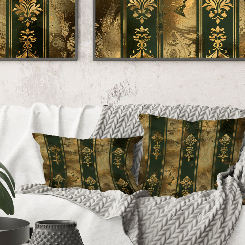 Coussin décoratif à rayures dorées et vertes I, H 16 po x l 16 po