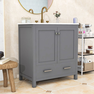 Meuble-lavabo de 30 pouces avec lavabo en céramique, armoire à porte à fermeture douce et tiroir de rangement