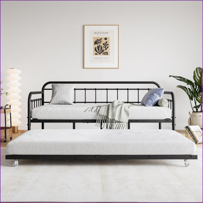 Daybed with Trundle, Twin Size Metal Sofa Bed Frame – Heavy Duty, No Box Spring Needed | Black | Metal