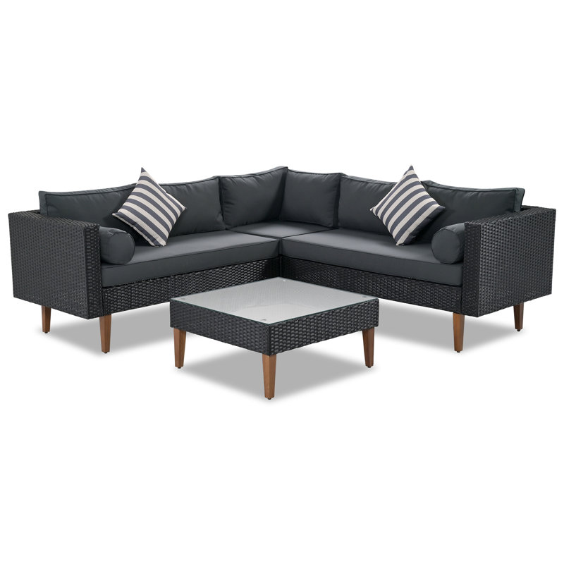 Ensemble de canapé d'extérieur en osier 4 pièces, mobilier de patio avec coussins colorés, ensemble de canapé en L, coussins gris et noir