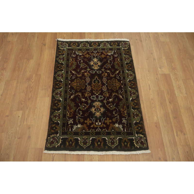 Tapis en laine noué à la main marron foncé et vert olive