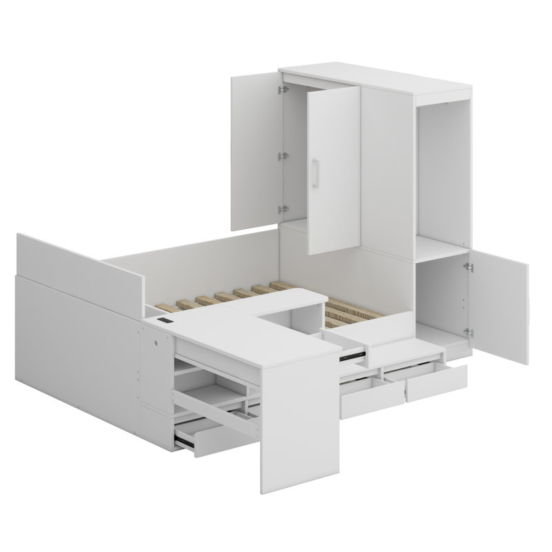 Wooden Platform Bed With Drawers, Shelves, Desk And Wardrobe, White