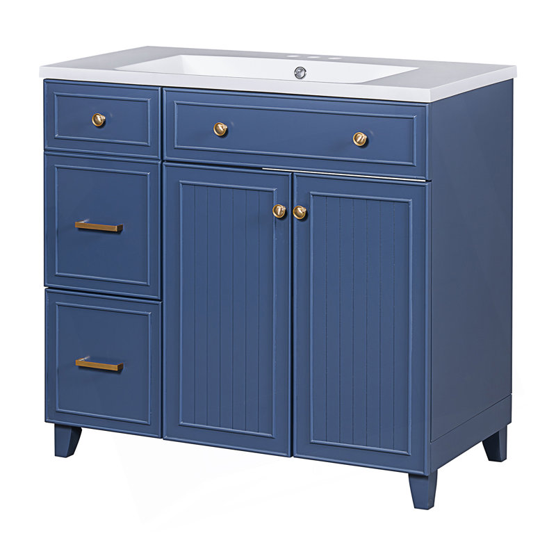 Meuble-lavabo moderne, armoire de salle de bain avec lavabo en résine, armoire de salle de bain simple avec 2 tiroirs et 1 tablette de rangement réglable, 2 portes à fermeture en douceur