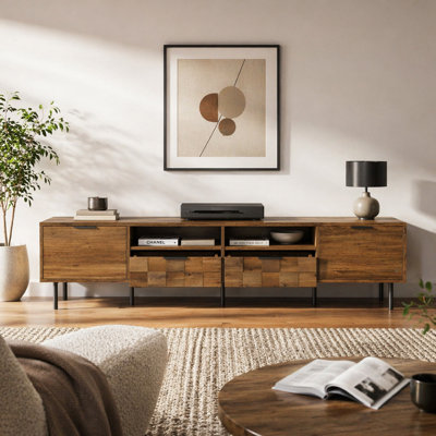 Meuble télé Mid-Century avec 2 tiroirs, console multimédia pour téléviseur de 85 po ou moins, centre de divertissement avec rangement pour le salon, la chambre à coucher et le cinéma maison