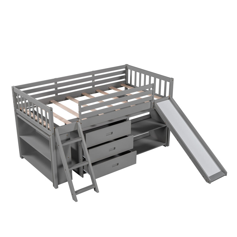 Lit simple mezzanine bas avec bibliothèques attachées et tiroirs séparés à 3 niveaux, échelle convertible et glissoire (gris)