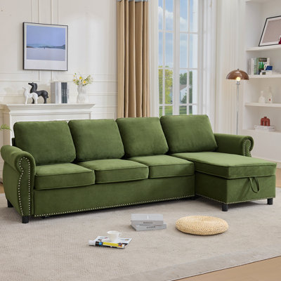 [NEW ARRIVED] [VIDEO PROVIDED] 106.5" Pull Out Sofa Bed,L Shaped Modular 4 Seater Couch,2-In-1 Sofa Bed,Wireless Charging , USB Charging Ports,Memory Foam Mattress,Storage Space, Flannelette,Green