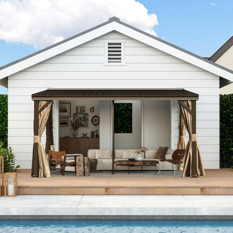 10X14ft Lean To Hardtop Gazebo With Gutters, Outdoor Wall Mounted Gazebo With Metal Roof