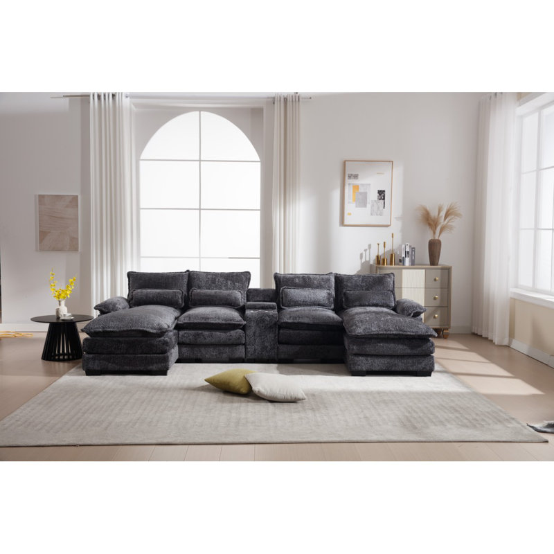 Canapé moderne en forme de U avec console, porte-gobelets et ports USB, mobilier d'intérieur symétrique rembourré à 6 places, ensemble de canapé-lit avec méridienne