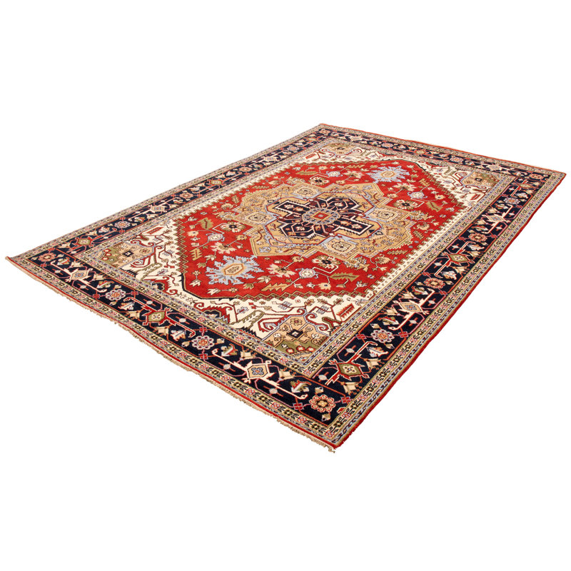 Tapis décoratif en laine rouge/bleu marine de conception unique 9 pi 10 po x 14 pi noué à la main New Age