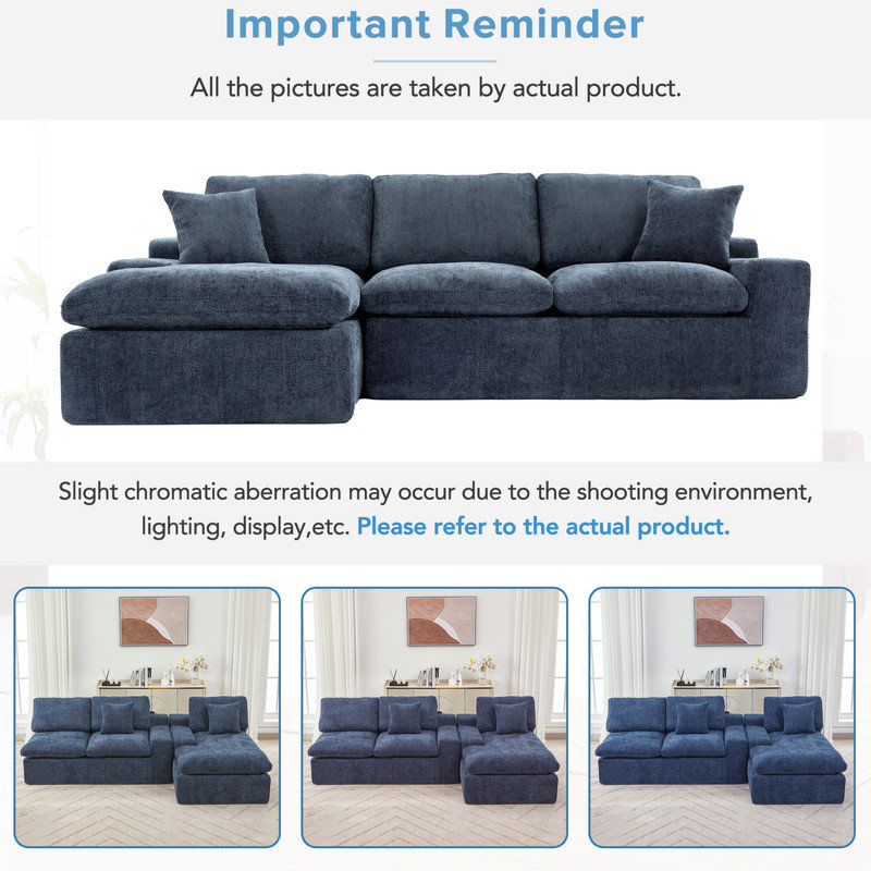 Cloud Sectional Sofa 107.9" Upholstered Boneless with Double-layer Cushion, Side Pockets, Free-combined Design for Living Room