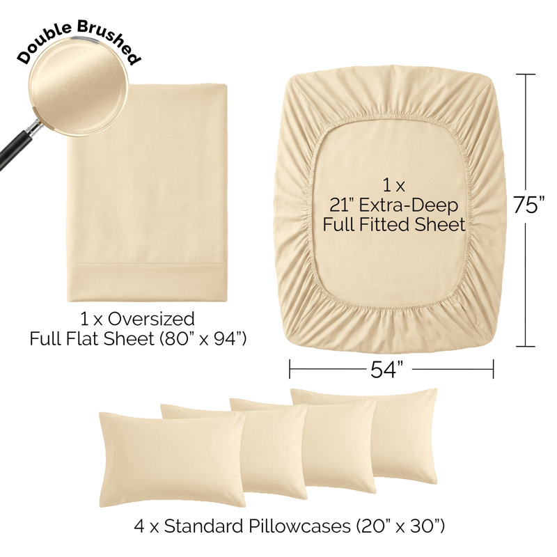 Southshore Fine Linens Vilano Springs Extra Deep Pocket 6-Piece Sheet Set, Ultra Soft Double-Brushed 110 GSM Microfiber Bedding, 21-Inch Deep Pocket, 4 Pillowcases, Full, Soft Sand