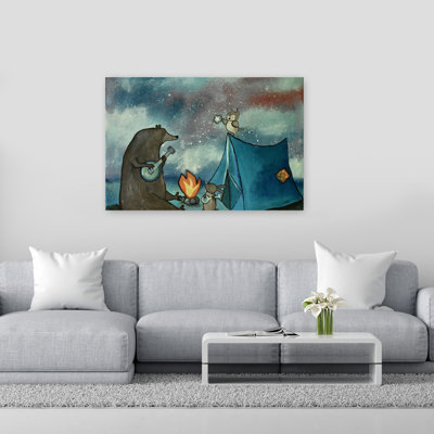 Starry Campfire Serenade Abstract Contemporary Bear Bird Owl Animal Forest Wall Art Print 1 Piece Wrapped Canvas Wall Art