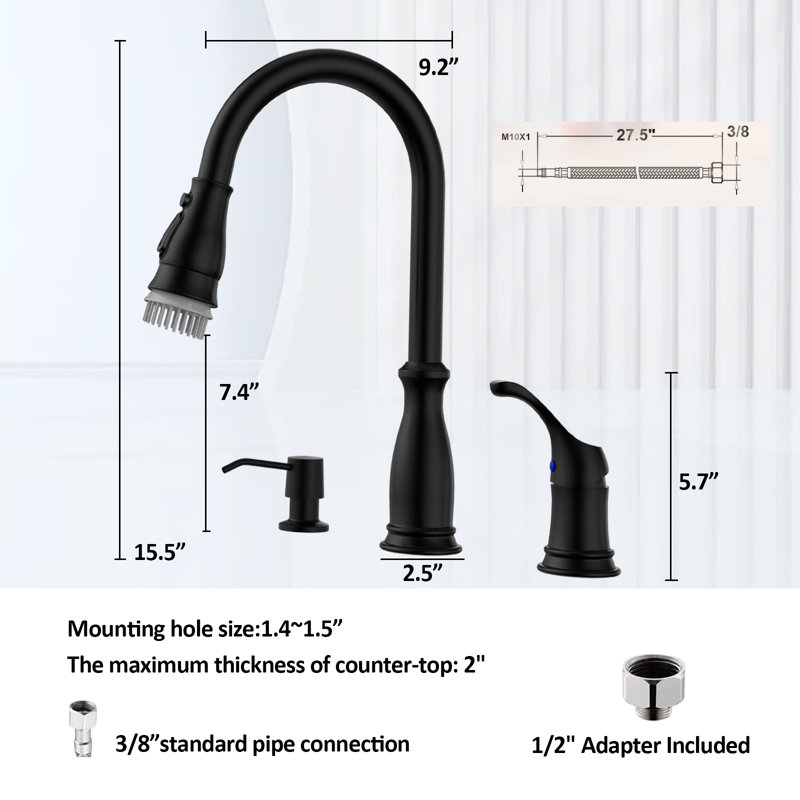 Stainless Steel 3-Hole Kitchen Faucet With Pull-Down Sprayer With Soap Dispenser And Separate Handle, High Arc Kitchen Faucet With Removable Brush For 2 Or 3-Hole Sinks.