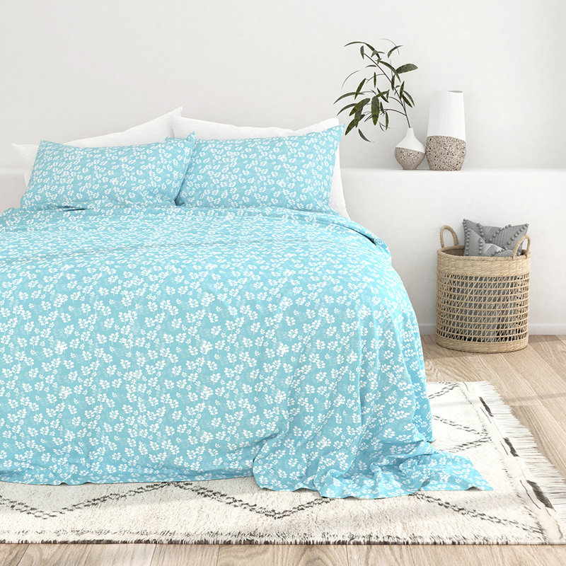 Pale Blue Floral Microfiber Twin Sheet Set