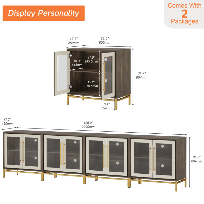  Buffet en cuir avec portes et armoire en verre de 16 po de profondeur