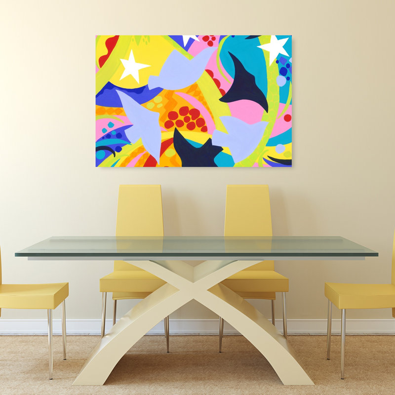 Birds And Stars Abstract Bold Colorful Bird Landscape Nature Wall Art Print by Isabelle Brent - Wrapped Canvas Print