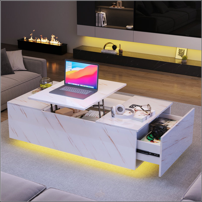 Table basse avec lumières DEL 24 couleurs, console en faux marbre, rangement, chargement sans fil et haut-parleur Bluetooth