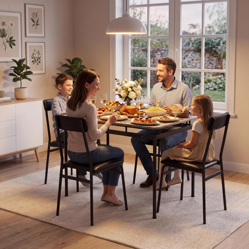 Ensemble table et chaises 5 pièces pour 4 personnes, gain de place - Plateau en bois brun moderne, structure en métal, 4 chaises rembourrées en PU - Montage facile, idéal pour la cuisine et la salle à manger