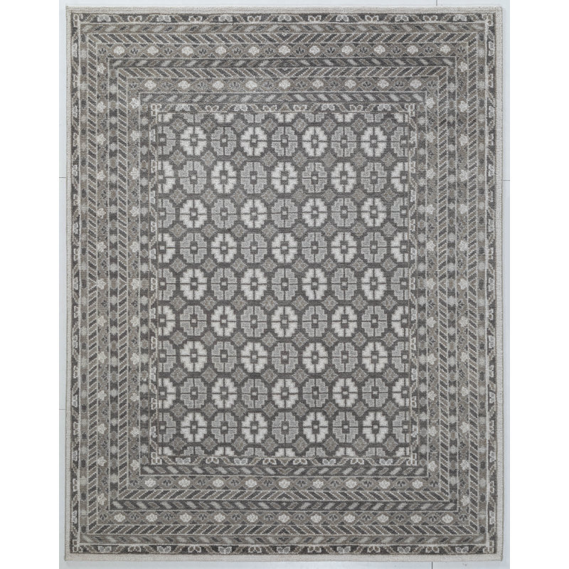 Tapis rectangulaire en laine noué à la main de style sud-ouest gris, Rectangle 7 pi 6 po x 9 pi 6 po