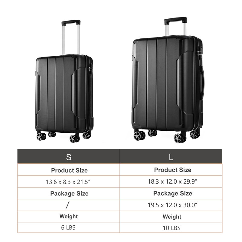 Ensemble de valises extensibles Hardshell en ABS 2 pièces avec roulettes TSA Lock, Noir