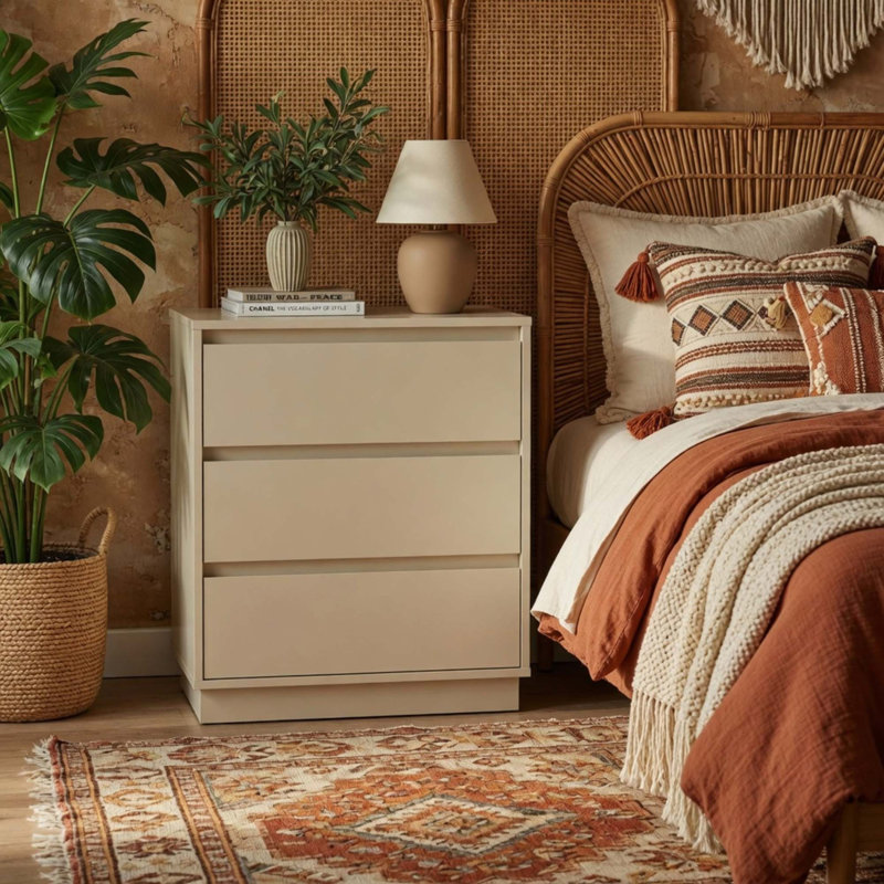 Ensemble de table de chevet moderne à 3 tiroirs avec rangement spacieux, Beige