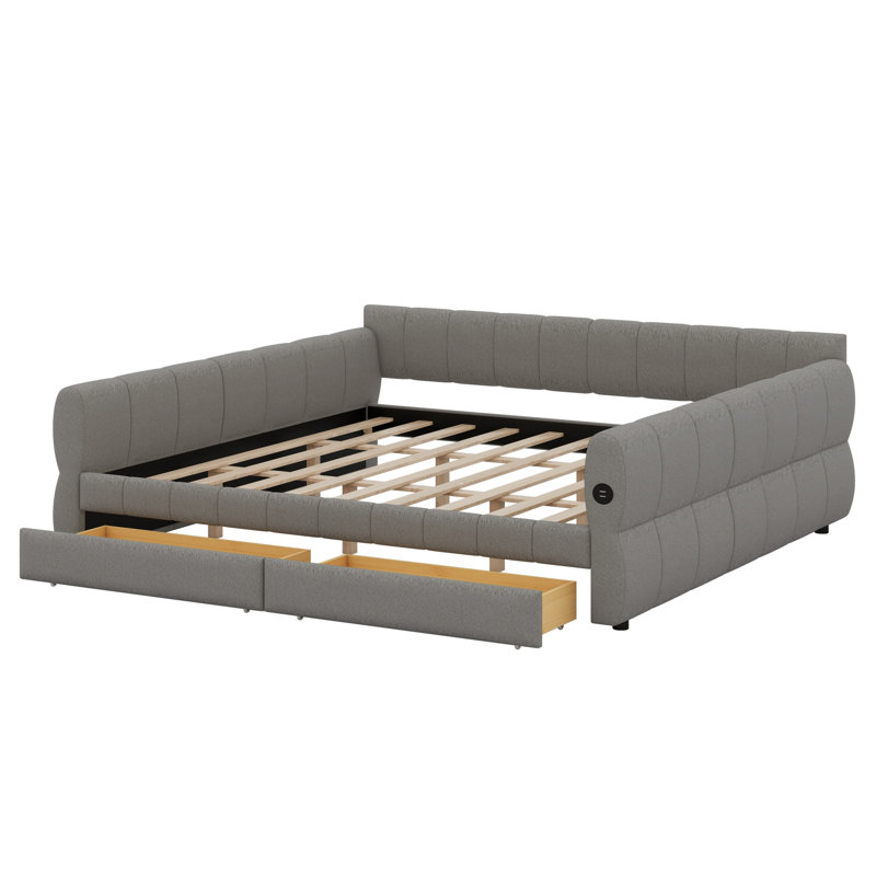 Contemporary Upholstered Platform Bed with USB Ports and 2 Drawers for Space-Saving Storage, Gray
