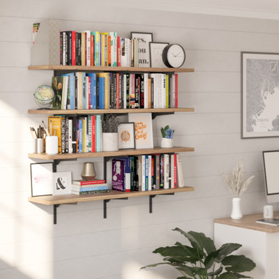 48" X 10" Floating Book Shelf With Adjustable Metal Brackets, Hanging Shelf For Wall, 1" Thick Real Wooden Shelves, Laundry Room Shelves, Kitchen Storage Shelves, Shelves For Living Room, Wall Mounted Shelves, Farmhouse & Rustic Decor, Burnt, 4 Tier