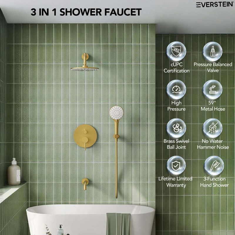 Tub and Shower Faucet Set , 9" Rainfall Shower Head with 3‑Setting Handheld Shower, Brushed Gold