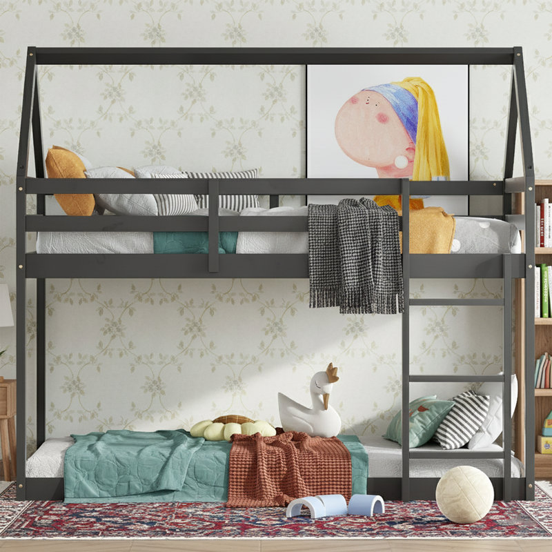   77" Twin Over Twin Floor Bunk Bed with House-Shaped Roof, Solid Wood, Black
