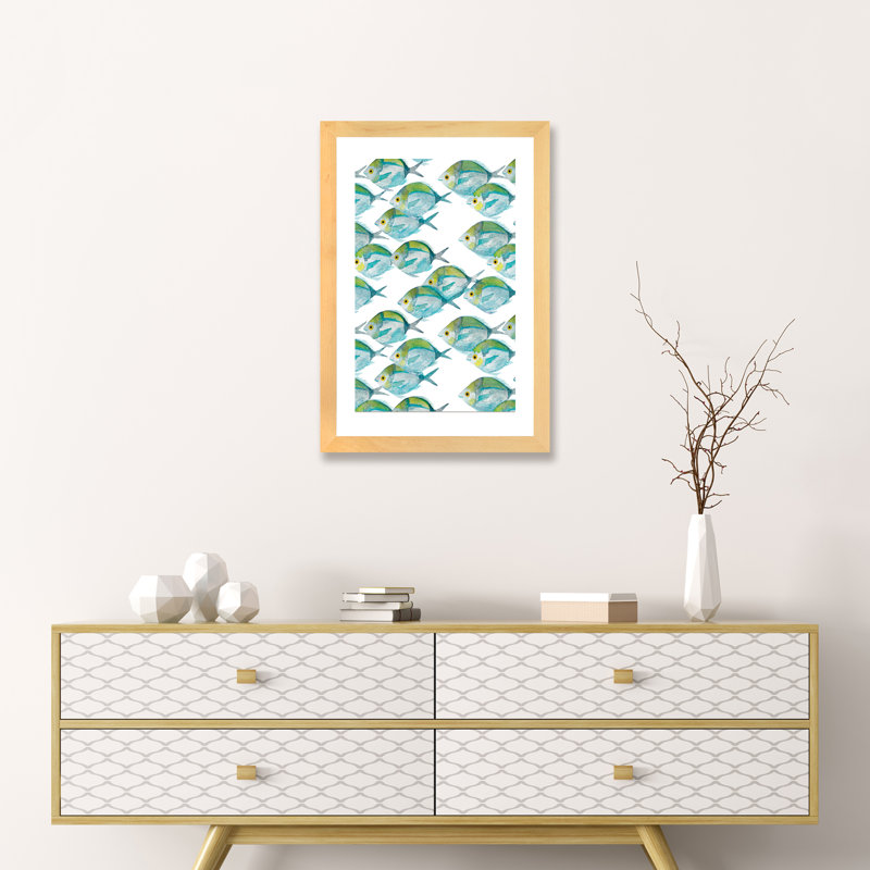 Motif de poissons - imprimé, Papier avec cadre beige, Blanc, H 24 po x l 16 po x P 1 po